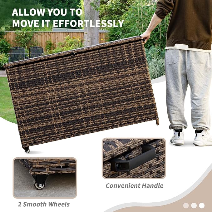 178 Gallon Outdoor Storage Box, Handle Large Portable Wicker Rattan Deck Box for Patio Furniture Cushions, Patio Deck Box with 2 WheelsThrow Pillows, Garden Tools and Pool Floats (Brown)