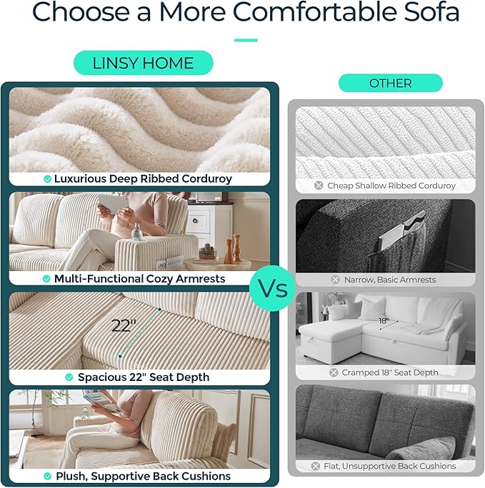 LINSY HOME Loveseat Sofa with Storage - Comfy Plush Corduroy 2 Seater Sofa with USB Charging & Cup Holders, Deep Seat Love Seat for Small Spaces Living Room Bedroom Apartment, Beige