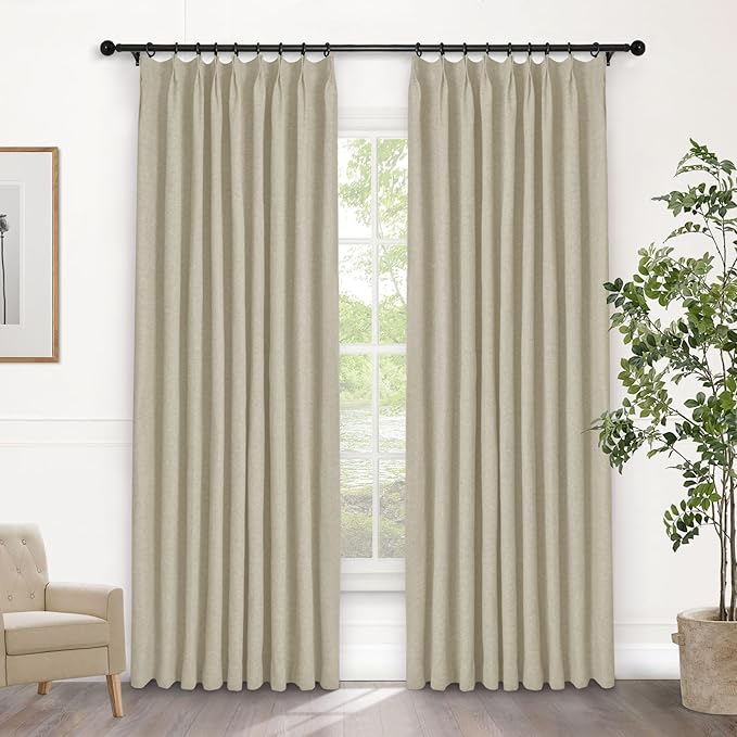 Macochico Pinch Pleated Full Blackout Curtains for Bedroom Living Room Beige Linen Curtains Thermal Insulated and Noise Reducing Window Panels with Tieback Shabby Chic Decor 84”Wx84”L 1 Panel