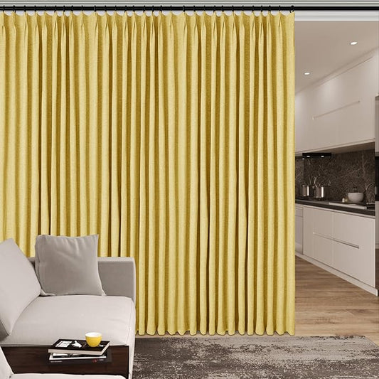 120" Wx102 L Linen Room Divider Drapes for Doorway/Glass Window/Sliding Door/Patio, Extra Wide Pinch Pleated Full Blackout Curtains for Girls Boys Teen Kids Room, 1 Panel, Yellow