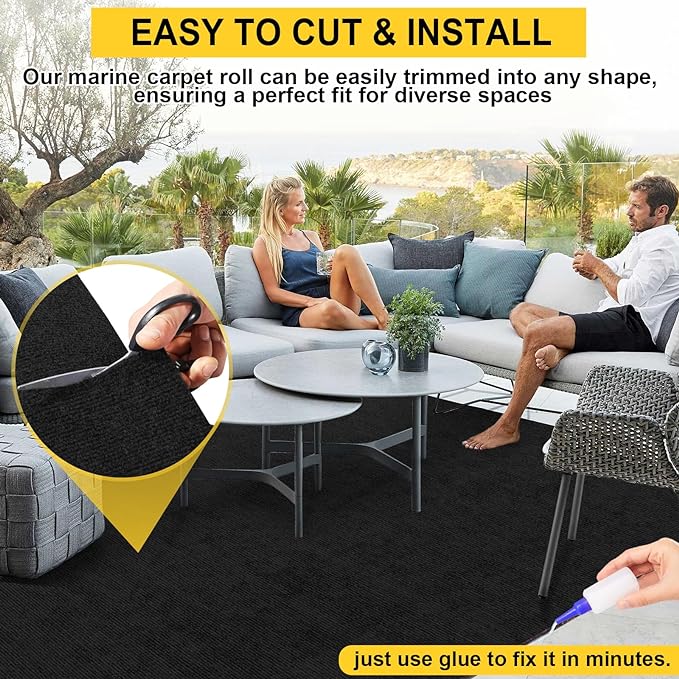 Marine Carpet - 6 FT x 10 FT Black Indoor Outdoor Rug (0.2" Thick) with Water-Proof TPE Backing, Non-Slip Outdoor Marine Carpet Roll for Home, Patio, Porch, Deck