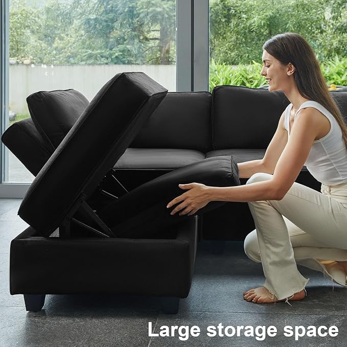 Belffin Modular Sectional Sofa Couch with Reversible Chaise Velvet L Shaped Couch Sofa with Storage 4-seat Convertible Sectional Sofas Black