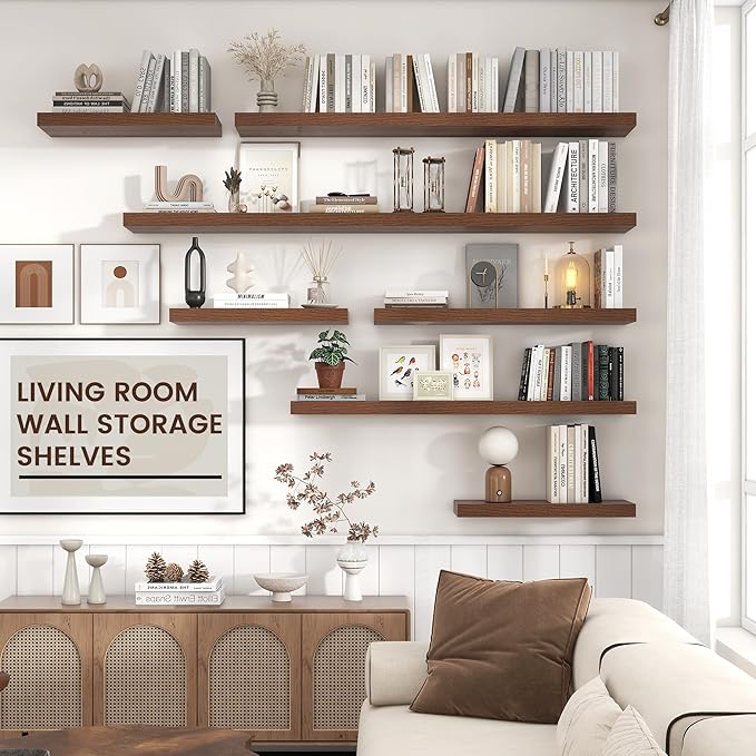 Floating Shelves for Wall, Large Wall Mounted Shelves with Invisible Brackets, Long Wood Floating Shelf for Living Room, Bedroom, Kitchen, (Walnut, 55" W x 9" D x 1.5" H)