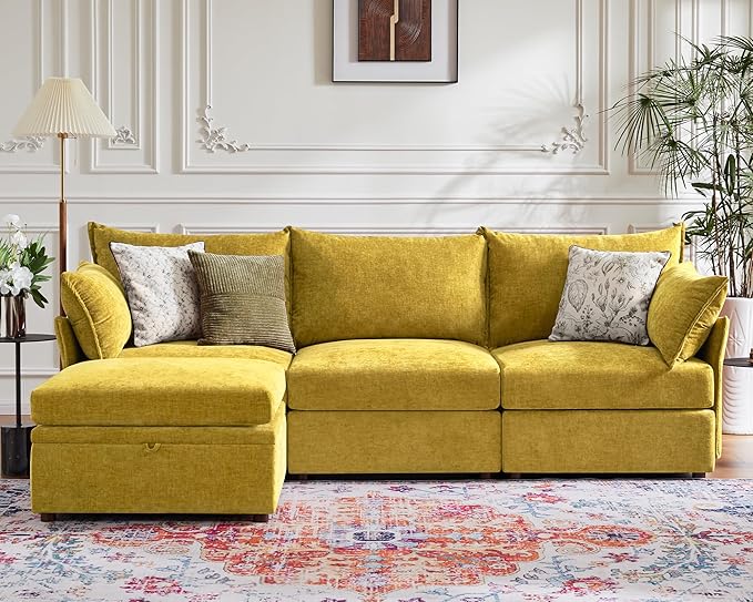 102.6" Modular Sectional Sofa, Oversized 3-Seater Couch with Removable Yellow Chenille Fabric Cover, Deep Seat & High Backrest for Living Room, Office & Apartment