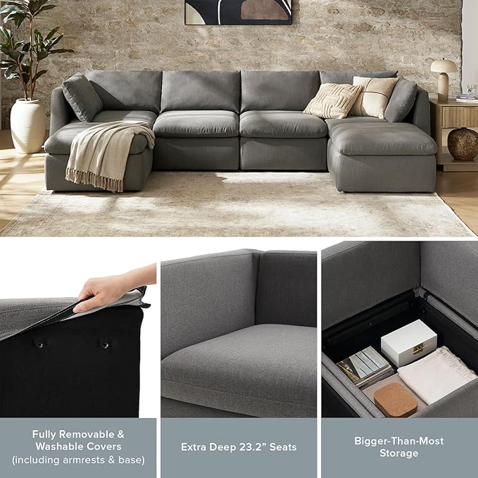 mopio Oversized Modular Sectional Sofa with Fully Removable Covers and Storage, Convertible U, L-Shaped and Sleeper Sectional, Modern Couches with Ottoman Chaise (Stone Gray Fabric, Loveseat)