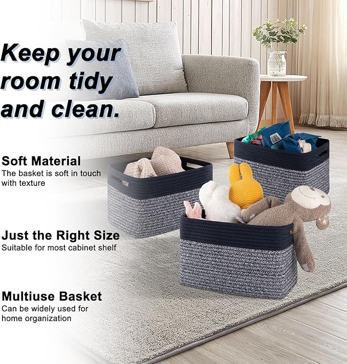 4 Pack Storage Baskets for Organizing, Woven Baskets for Shelves - Perfect for Toys, Books, Towels, and Clothes, Durable Gift Basket Bins Toy Storage, 13''L x9''W x7.8''H, Blue and Grey