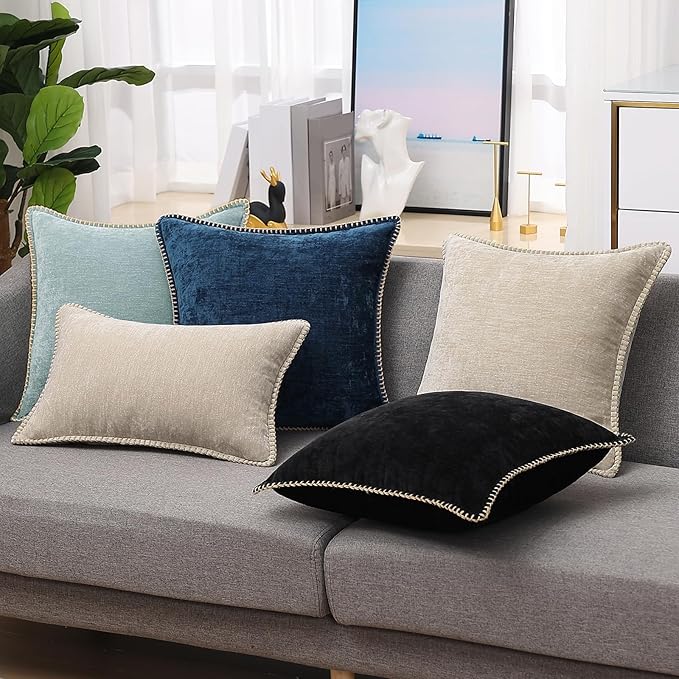 decorUhome Chenille Soft Throw Pillow Covers 12x20 Set of 2, Lumbar Velvet Farmhouse Neutral Decorative Euro Pillow Covers with Stitched Edge for Couch Sofa Bed Home Decor, Black