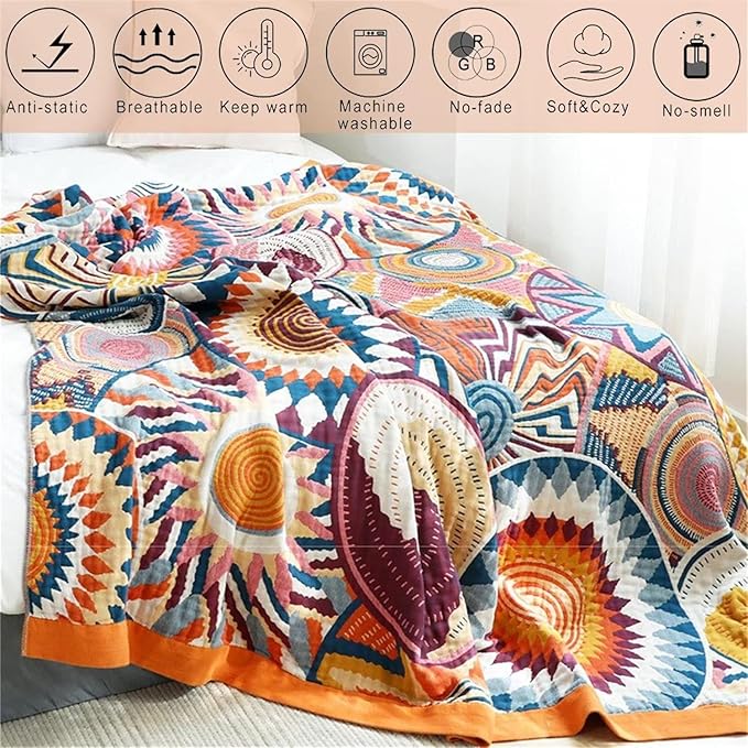 MSGKV Boho Throw Blanket for Bed Couch,100% Cotton Throw Blankets 80''x 90'' Mexican Super Soft Blanket Travel Picnic Blankets Versatile Knit Woven Blanket Boho Decor