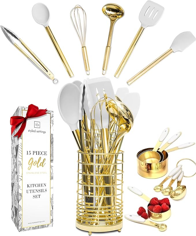 Styled Settings White and Gold Kitchen Utensils Set - 15-Piece BPA free, Non-Scratch, Utensils Set Includes White Silicone Cooking Utensils and Measuring Cups and Spoons