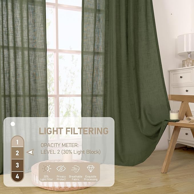 LAMIT Olive Green Linen Curtains 63 Inch Length 2 Panels for Bedroom, Light Filtering Window Treatments Semi Sheer Neutral Drapes with Bronze Grommet for Farmhouse, 34 X 63 Inch