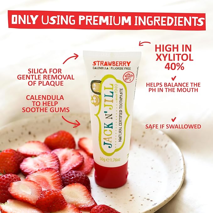 Jack N' Jill Natural Toothpaste for Baby and Infants - Fluoride Free Training Toothpaste, 40% Xylitol, BPA Free - Strawberry & Blueberry, 1.76 oz (Pack of 4)