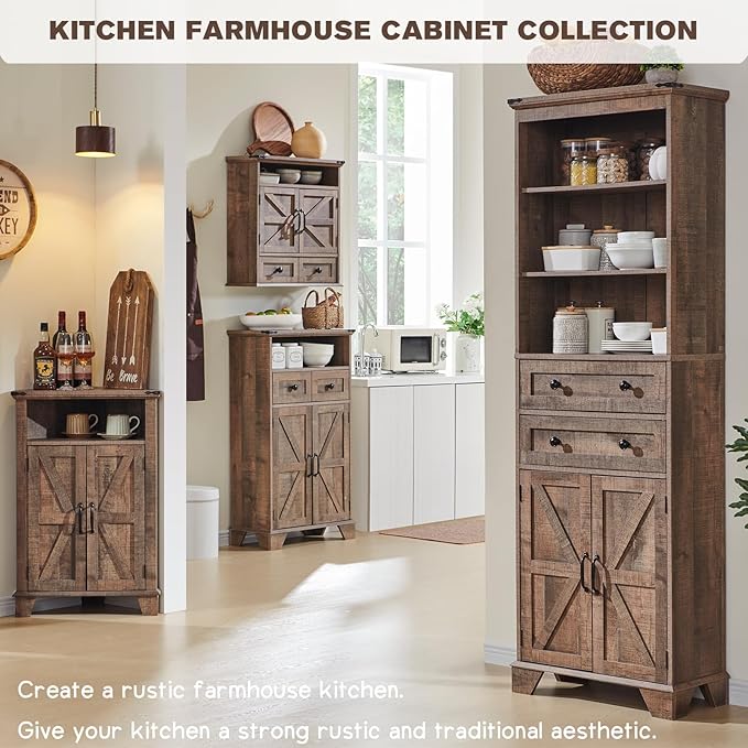 Bathroom Floor Cabinet, Farmhouse 24" Wide Cabinet with Drawer, Adjustable Shelf, Barn Doors, Cabinets for Bathroom, Kitchen, Living Room, Rustic Brown