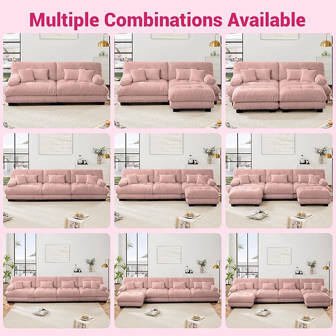 Modular Sectional Sofa Cloud Couch 4-Seater Deep Seat Sofa Couch, Oversized Couch Bed Sectional Couch with Round Bolster Armrests 6 Pillows, Modern Sofa Chair Comfy Couch(Pink)