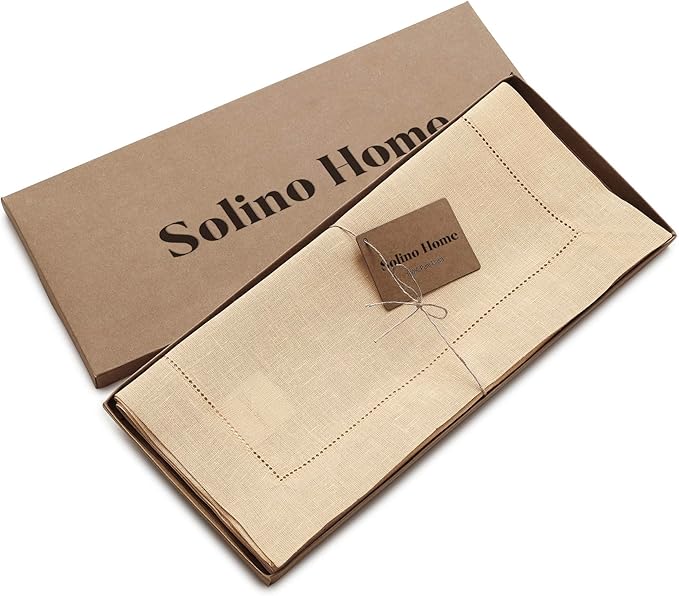 Solino Home Linen Beige Table Runner 72 Inches Long - 100% Pure Linen Hemstitch Table Runner 14 x 72 Inch for Dresser, Dining, Fall, Autumn, Halloween, Thanksgiving - Classic Hemstitch