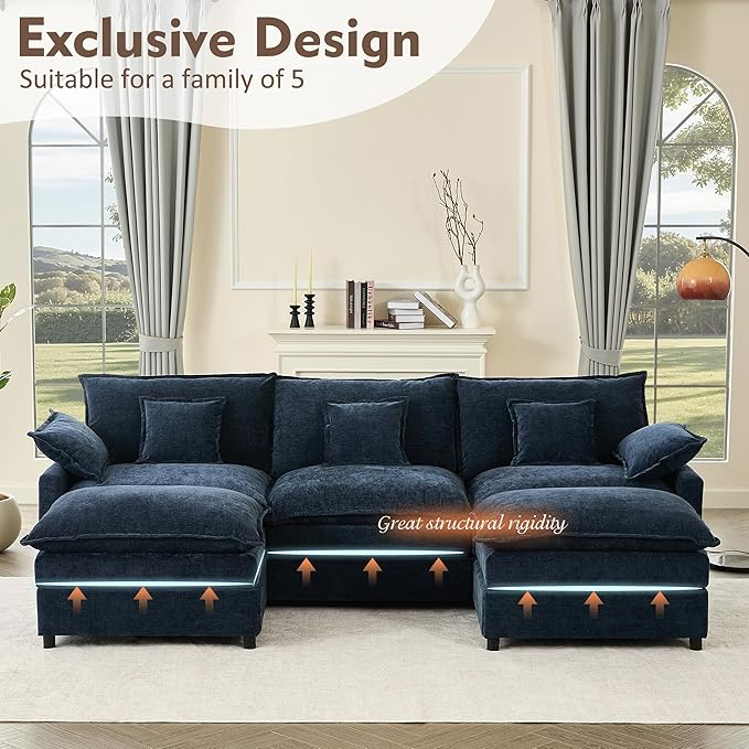 108" U Shaped Couch, Modular Sectional Sofa, 3-Seater Comfy Cloud Couch with Movable Ottoman, Deep Seat Couches for Living Room, Chenille, Navy