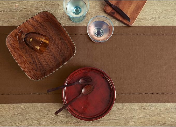 Solino Home Linen Brown Table Runner 60 Inches - Classic Hemstitch, 100% Pure Linen Coffee Table Runner 14 x 60 Inch Ideal for Dresser Tables, Fall, Autumn, Thanksgiving