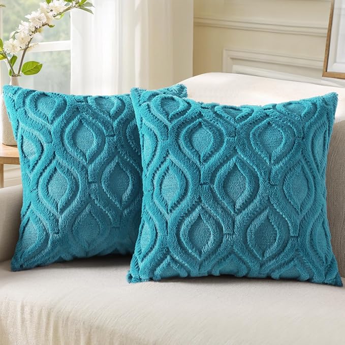 decorUhome Fall Throw Pillow Covers 26x26 Inch Set of 2, Soft Plush Decorative Faux Fur Teal Solid Couch Pillow Covers, Accent Farmhouse Neutral Square Euro Pillow Cases for Sofa Bed Living Room
