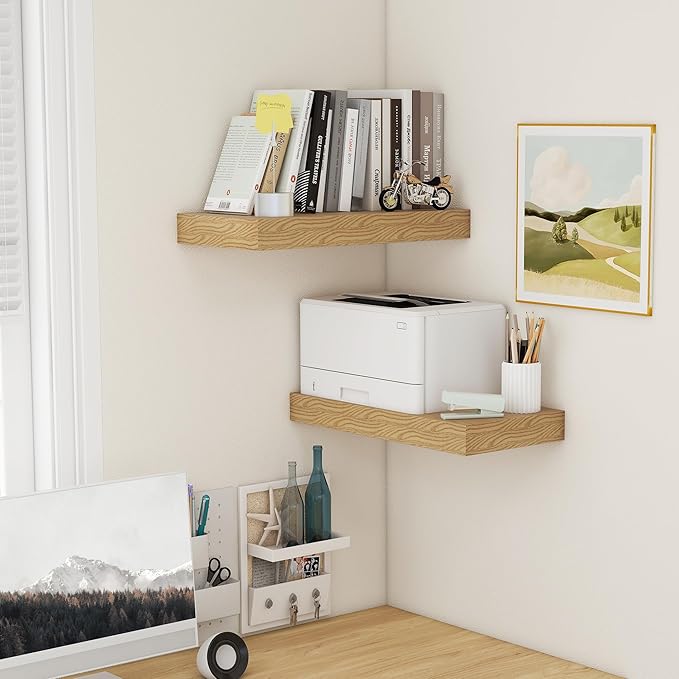Deep Floating Shelves, 12 Inch Deep Rustic Floating Shelves Set of 2, 24 Inch Large Oak Wood Wall Mounted Shelves for Books Living Room Laundry Room Bedroom Kitchen Home Office - Oak