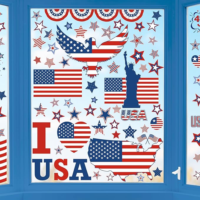 158 Pcs 4th of July Window Clings, 9 Sheets Patriotic Window Clings Decals, Watercolor Double-Sided American Flag Stars Firework Window Stickers for Independence Day Parade Veterans Memorial Day Decor