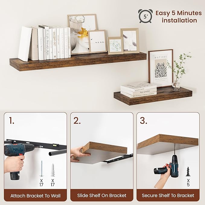 12" Deep Floating Shelves for Wall 24 Inches Long, Heavy Duty Wall Shelves for Bedroom Bathroom Kitchen Laundry Room, Farmhouse Rustic Shelves for Home Decor, 24" X 12" X 2" Set Of 2, Rustic Brown