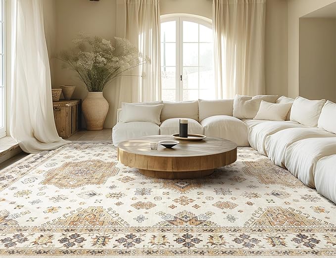 Washable Area Rugs for Living Room - 7x9 Neutral Vintage Distressed Floral Farmhouse Boho Large Soft Floor Rug Indoor Non Slip Carpet for Living Room Bedroom Dining Room Office - Orange/Yellow/Beige