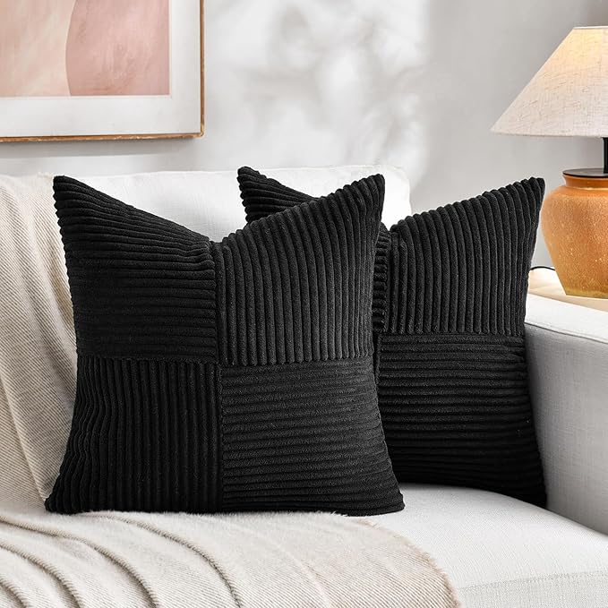 Fancy Homi 2 Packs Black Euro Decorative Throw Pillow Covers 26x26 Inch for Couch Bed Sofa, Rustic Farmhouse Boho Home Decor, Soft Corss Corduroy Patchwork Textured Square Cushion Case 66x66 cm