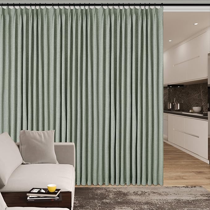 150 Inches Extra Wide Room Divider Draperies, Pinch Pleat Drapes, Absolutely Blackout Sliding Door Drapery, Total Privacy Ceiling Track Curtains, 150" W by 102" L, Fog Green (1 Panel)