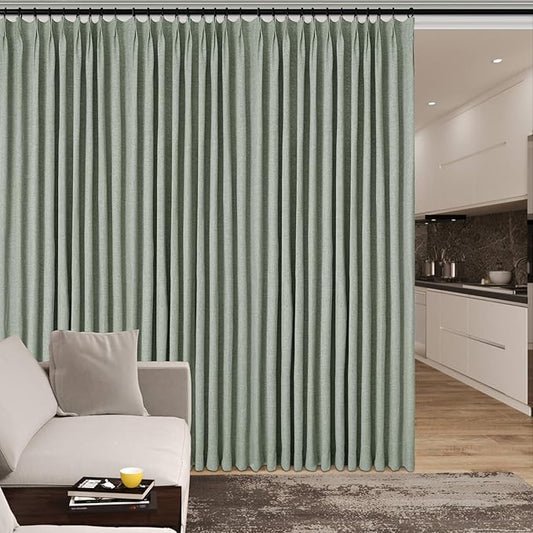 100" W x 96" L Faux Linen Room Divider Curtains, Full Blackout Pinch Pleated Drapes for Traverse Rod, Bedroom Divider Privacy Drapery with Hooks for Ceiling Track, 1 Panel, Fog Green