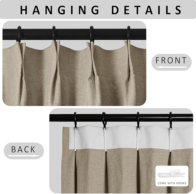Macochico 100% Blackout Pinch Pleated Linen Curtains 84 Inch Length Thermal Blackout Curtains for Bedroom Living Room Nursery Light Khaki Farmhouse Burlap Curtains with Tieback 52”Wx84”L 1 Panel