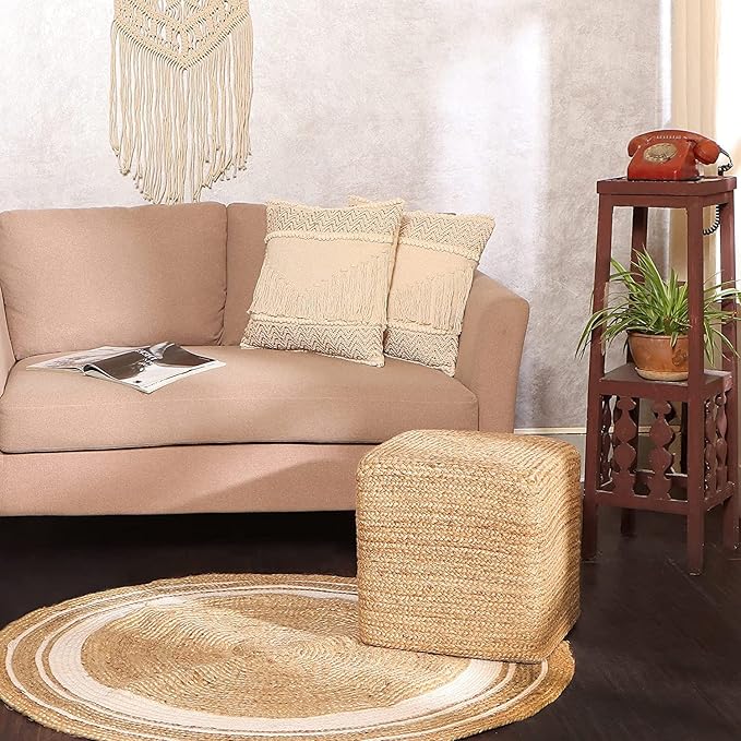 REDEARTH · Cube Pouf Foot Stool Ottoman - Jute Braided Pouffe Poof Accent Sitting Footrest for The Living Room, Bedroom, Nursery, Patio, Lounge & Other Rooms in The Home (14.5”x14.5”x16”; Natural)