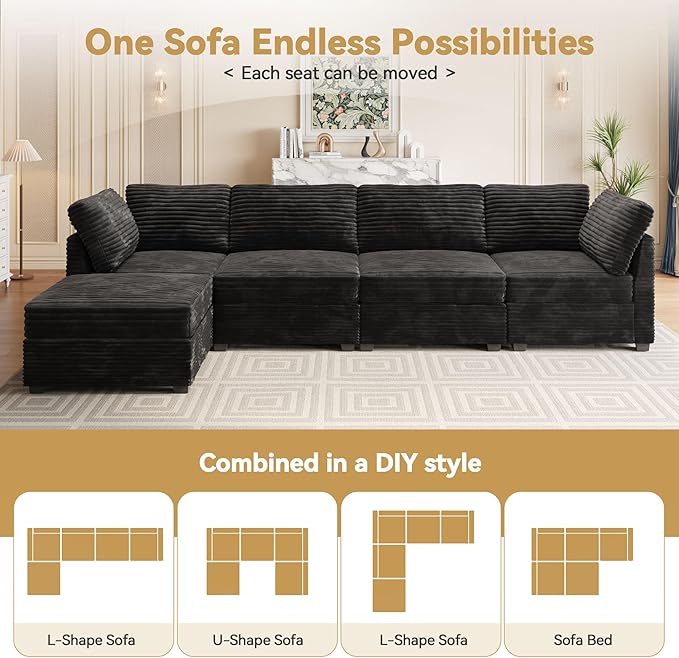 Modular Sectional Sofa with Chaise U Shaped Sectional Couch for Living Room, 7-Seater Comfy Cloud Couches, Plush Corduroy, Black