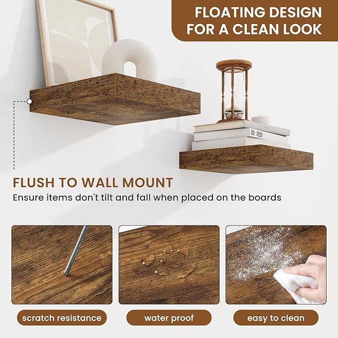 fuqing Floating Shelves for Wall, Bathroom Shelf Wall Mounted for Storage, Shelves with Invisible Bracket for Bedroom, Kitchen, Living Room, Farmhouse Small Book Shelf, 6.5 Inch Set of 3, Rustic Brown