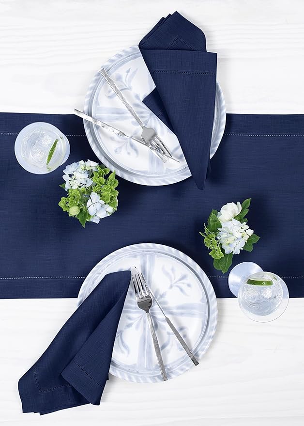 Solino Home Linen Navy Table Runner 72 Inches Long - 100% Pure Linen Hemstitch Table Runner 14 x 72 Inch for Dresser, Dining, Fall, Autumn, Halloween, Thanksgiving - Classic Hemstitch