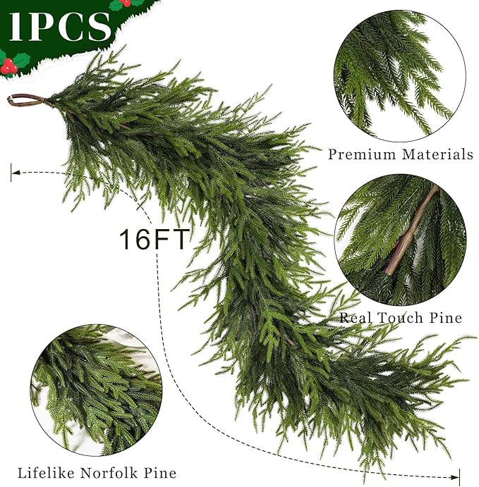 Artificial Norfolk Pine Garland - Faux Christmas Garland Fake Green Garland for Fireplace,Table, Stairs, Mantle, Window,Indoor Outdoor,Home,Holiday Decor (1 PCS,16 FT)