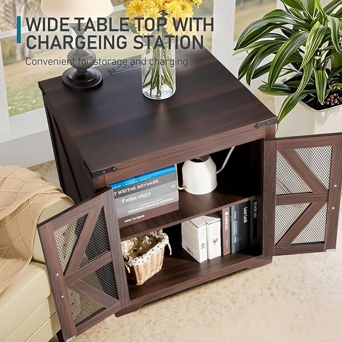 Farmhouse End Table Set of 2, 24" Large Sofa Side Table with Charging Station, Mesh Barn Door, Rustic Wood Nightstand with Adjustable Storage Shelf, Square Nightstand for Living Room