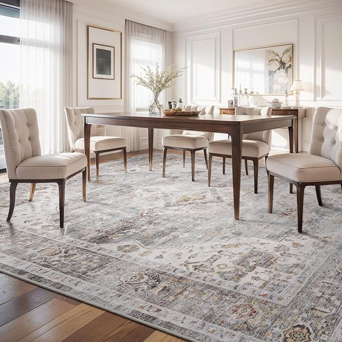 AMOAMI-Area Rug 8X10 Rugs for Living Room-Vintage Soft Grey Rugs for Bedroom-Non Slip Carpet-Washable Rug for Dining Room Living Room Bedroom Office Under Table