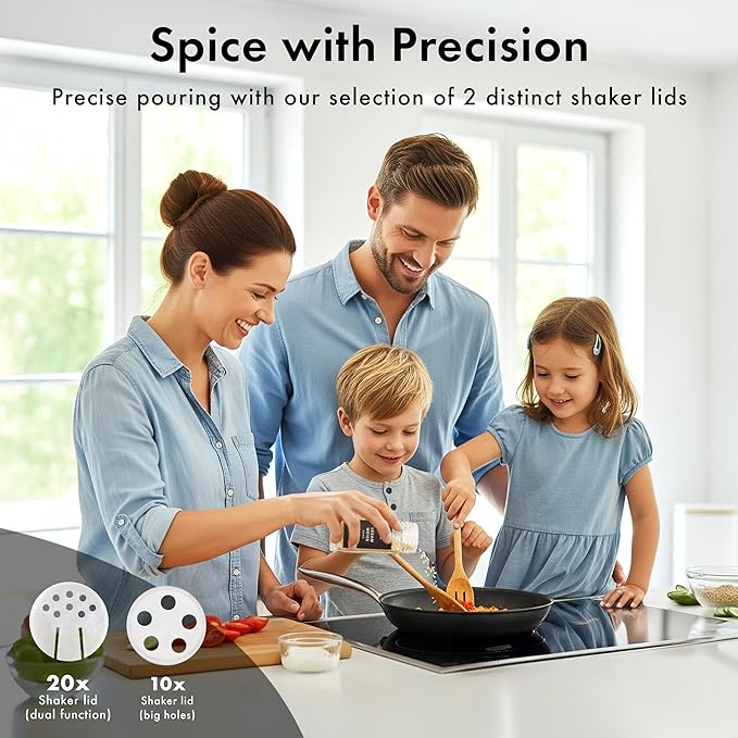 Glass Spice Jars with Labels and Steel Lids (24 x 4oz) Spice Containers with 240 Label, Steel Funnel, Shaker Inserts, Empty Square Seasoning Organizer for Spice Rack, Cabinet, Drawer