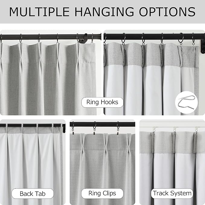 Vision Home Light Gray Pinch Pleated Full Blackout Curtains Linen Blended 60" Wide Thermal Insulated Window Panels for Bedroom Living Room Darkening Pinch Pleat Drapes with Hooks Back Tab 60"Wx72"Lx1