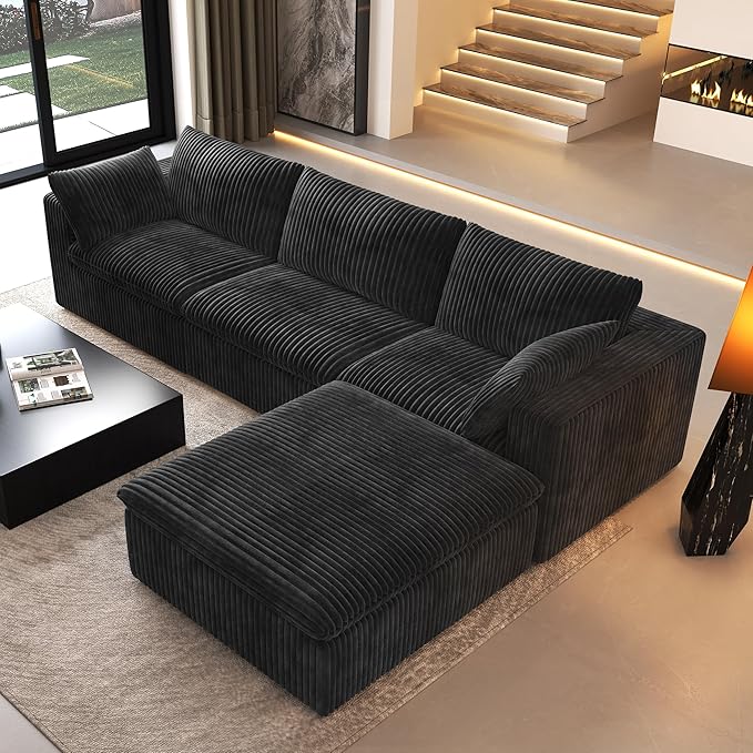 118" L Shaped Modern Sofa Modular Sectional Cloud Couch with Ottoman,Deep Seat Upholstered Couches with Plush Corduroy Fabric for Living Room Furniture,Bedroom and Apartment,No Assembly Required,Black