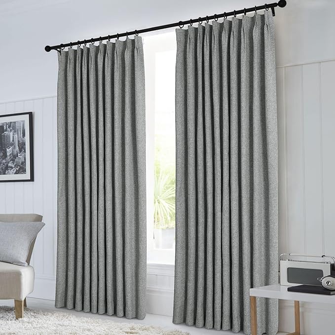 Macochico 100% Blackout Mid Grey Linen Curtains 84 Inches Long Pinch Pleated Burlap Curtains for Bedroom Living Room Farmhouse Nursery Thermal Window Panels with Tieback 72”Wx84”L 1 Panel