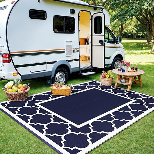 GENIMO Outdoor Rug Waterproof for Patio Decor, 8'x10' Reversible Plastic Straw Rug Carpet, Camping Mats for Outdoor, RV, Backyard, Deck, Balcony, Picnic, Blue & White