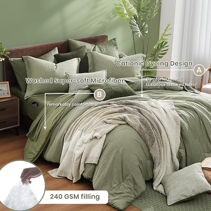 Monbix King Size Comforter Set, Sage Green King Size Bed Set Reversible 7 Pieces, Cationic Dyeing Bed in a Bag with Comforter, Sheets, Pillowcases & Shams