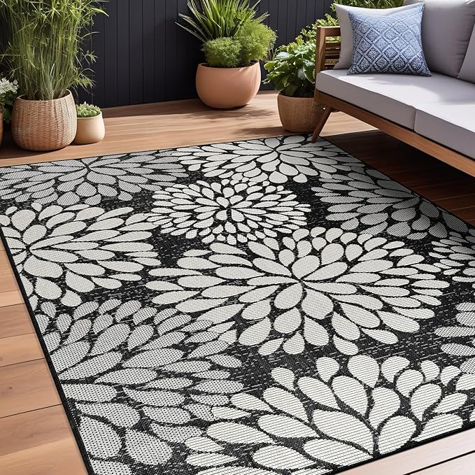Beverly Rug Outdoor Rug 8x10 Modern Exotic Tropical Leaf Area Rugs for Indoor and Outdoor Patio Deck Porch Garden Water Resistant Washable Outside Carpet (8 x 10 Dark Gray)