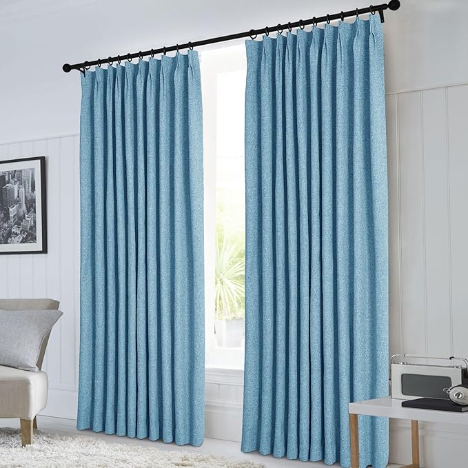 Macochico 100% Blackout Blue Linen Curtains 84 Inches Long Pinch Pleated Burlap Curtains for Bedroom Living Room Farmhouse Nursery Thermal Window Panels with Tieback 72”Wx84”L 1 Panel