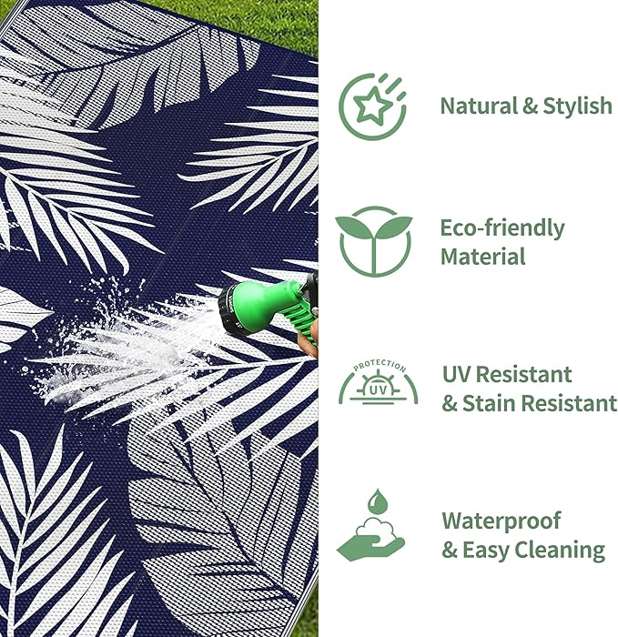 GENIMO Outdoor Rug 3' x 5' Waterproof for Patios Clearance, Reversible Outdoor Plastic Straw Camping Rug Carpet, Large Area Rugs Mats for RV, Camper, Deck, Balcony, Porch, Beach, Navy Blue&White