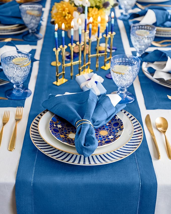 Solino Home Linen Indigo Blue Table Runner 90 Inches Long - 100% Pure Linen 14 x 90 Inch Table Runner for Fall, Autumn - Classic Hemstitch