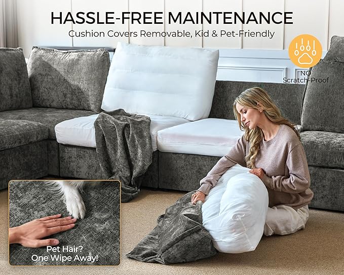 Oversized Modular Sofa Comfy Cloud Couch with Storage, Extra Deep Plush Sectional Sofa Set for Living Room, Covers Washable, Chenille, Olar (Grey, 6-Seater with 2 Ottomans, u-Shaped)
