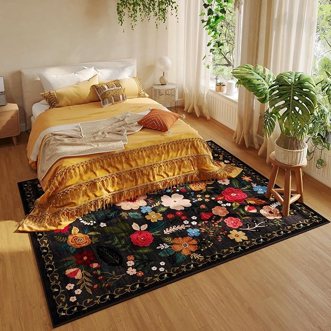 Living Room Rug 6x9 Rug Machine Washable Boho Area Rug Non Slip Floral Vintage Low Pile Large Rug for Living Room, Bedroom, Farmhouse, Dining Room, Kids Playroom(Black)