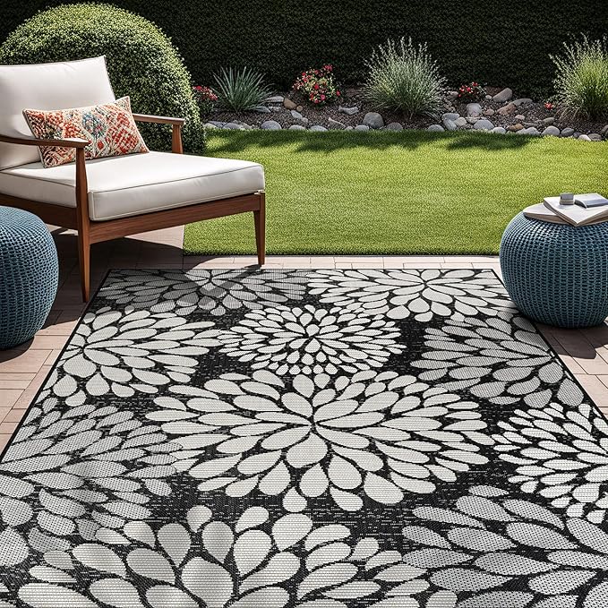 Beverly Rug Outdoor Rug 8x10 Modern Exotic Tropical Leaf Area Rugs for Indoor and Outdoor Patio Deck Porch Garden Water Resistant Washable Outside Carpet (8 x 10 Dark Gray)