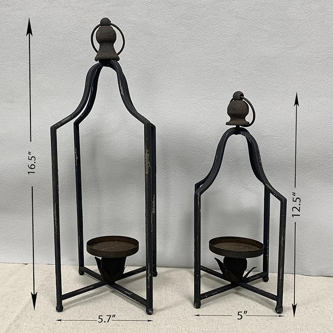 Large Tall Shabby Chic Lanterns Decorative Indoor Outdoor, Outside Gifts Front Porch Patio Vintage Metal Candle Holders, Fireplace Table Floor Farmhouse Rustic Decor Set of 2